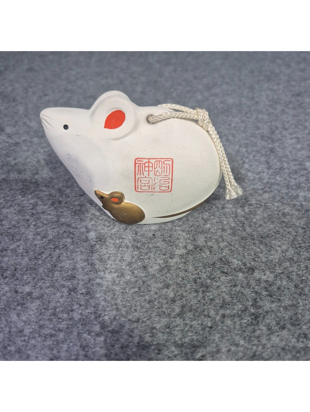 Vintage Japanese Zodiac White Clay Rat Mouse Bell Ornament Rustic Subtle